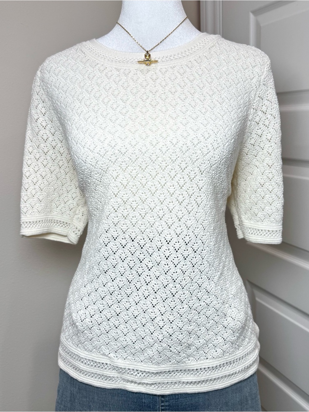 Loft Women's Cream Short-Sleeve Eyelet Knit Boho Minimalist Large Comfy Top